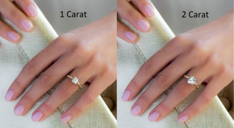 1 vs 2 carat actual size on hand - round