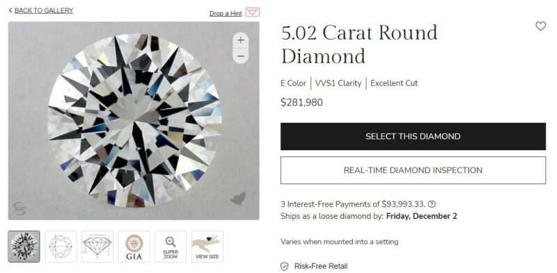 Diamond value per on sale gram