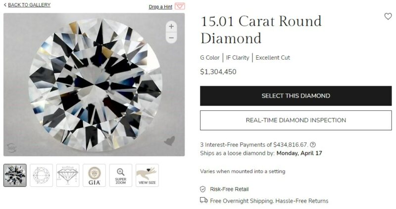 15 carat IF Internally Flawless diamond 1.3m
