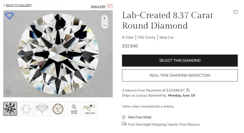 8.37 carat lab created diamond James Allen