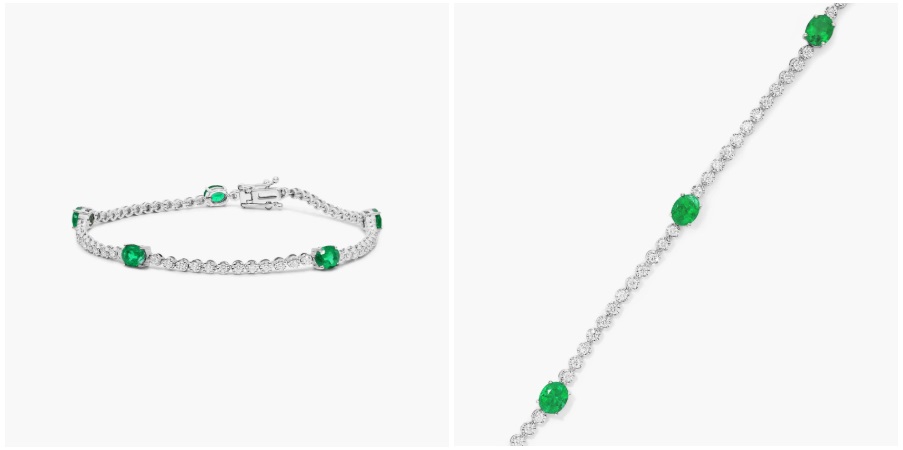 White Gold Emerald Station Diamond Tennis Bracelet