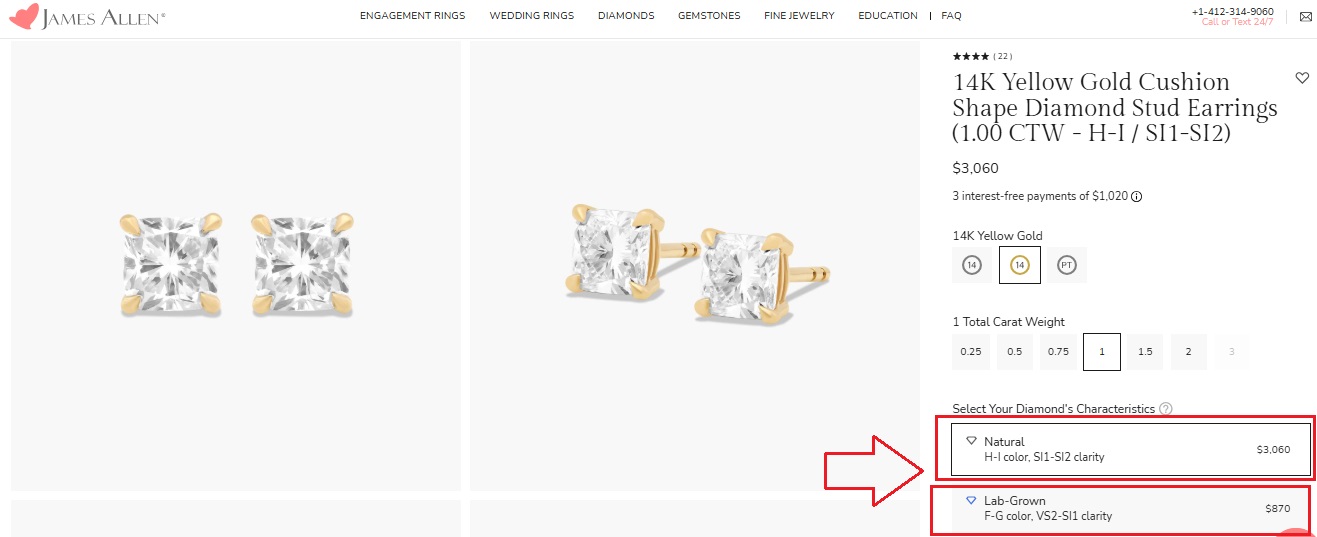 14K Yellow Gold Cushion Shape Lab-Grown Diamond Stud Earrings (1.00 CTW - F-G / VS2-SI1)