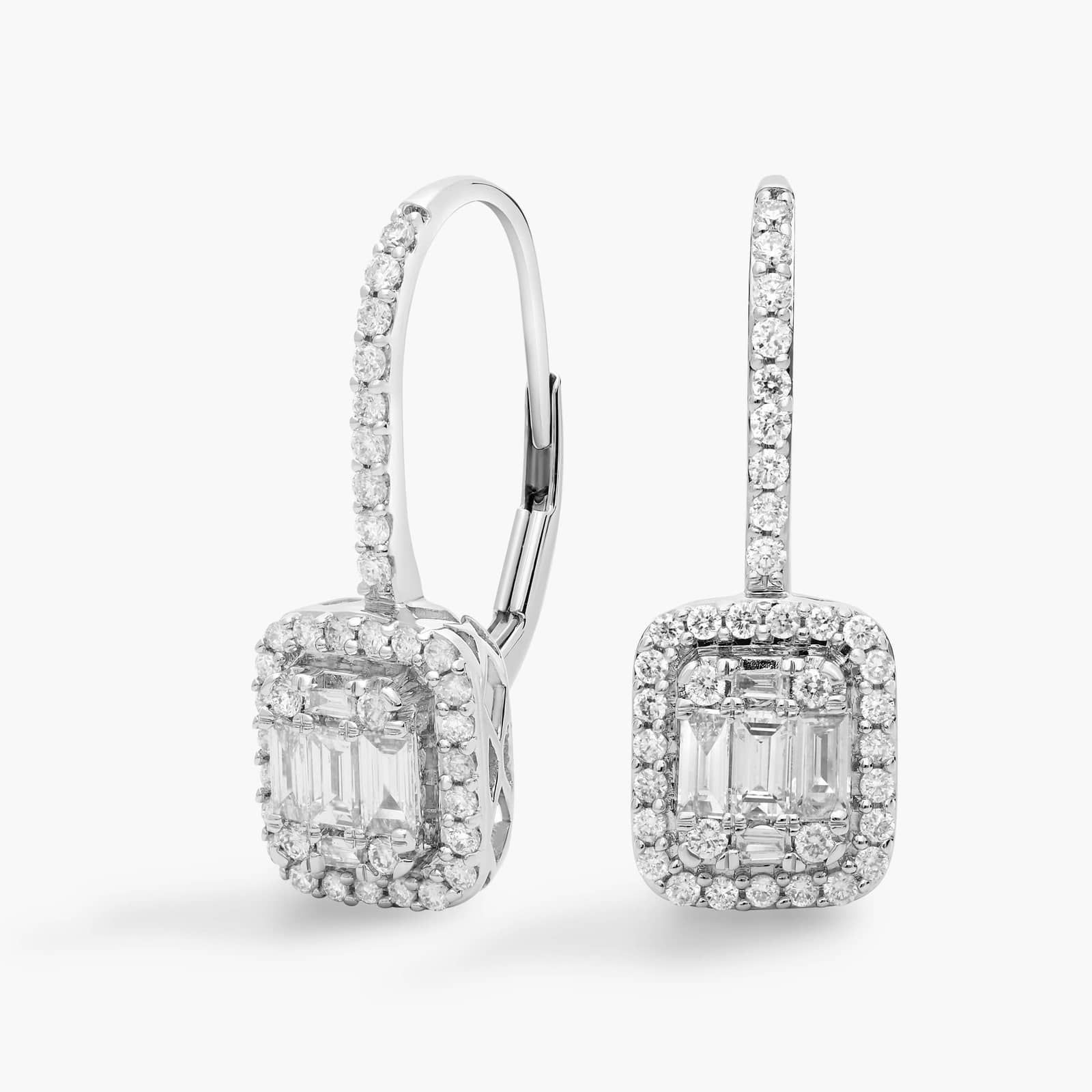 Baguette Diamond Lever Back Drop Earrings in 18k White Gold