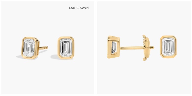 Bezel Set Emerald Cut Lab-Grown Diamond Stud Earrings In 14K Yellow Gold
