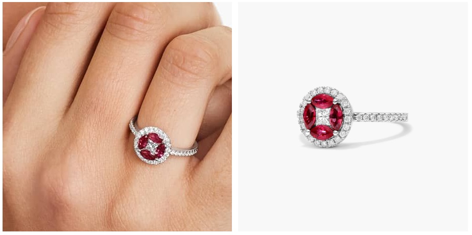 14K White Gold Marquise Ruby and Diamond Ring