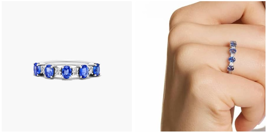 14K White Gold Oval Blue Sapphire Wedding Rings and Diamond Ring