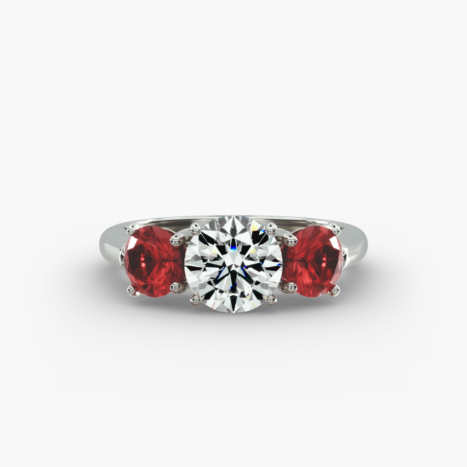 14K White Gold Three Stone Round Ruby Engagement Ring