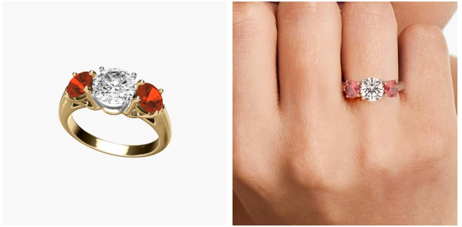 14K Yellow Gold Three Stone Round Ruby Engagement Ring