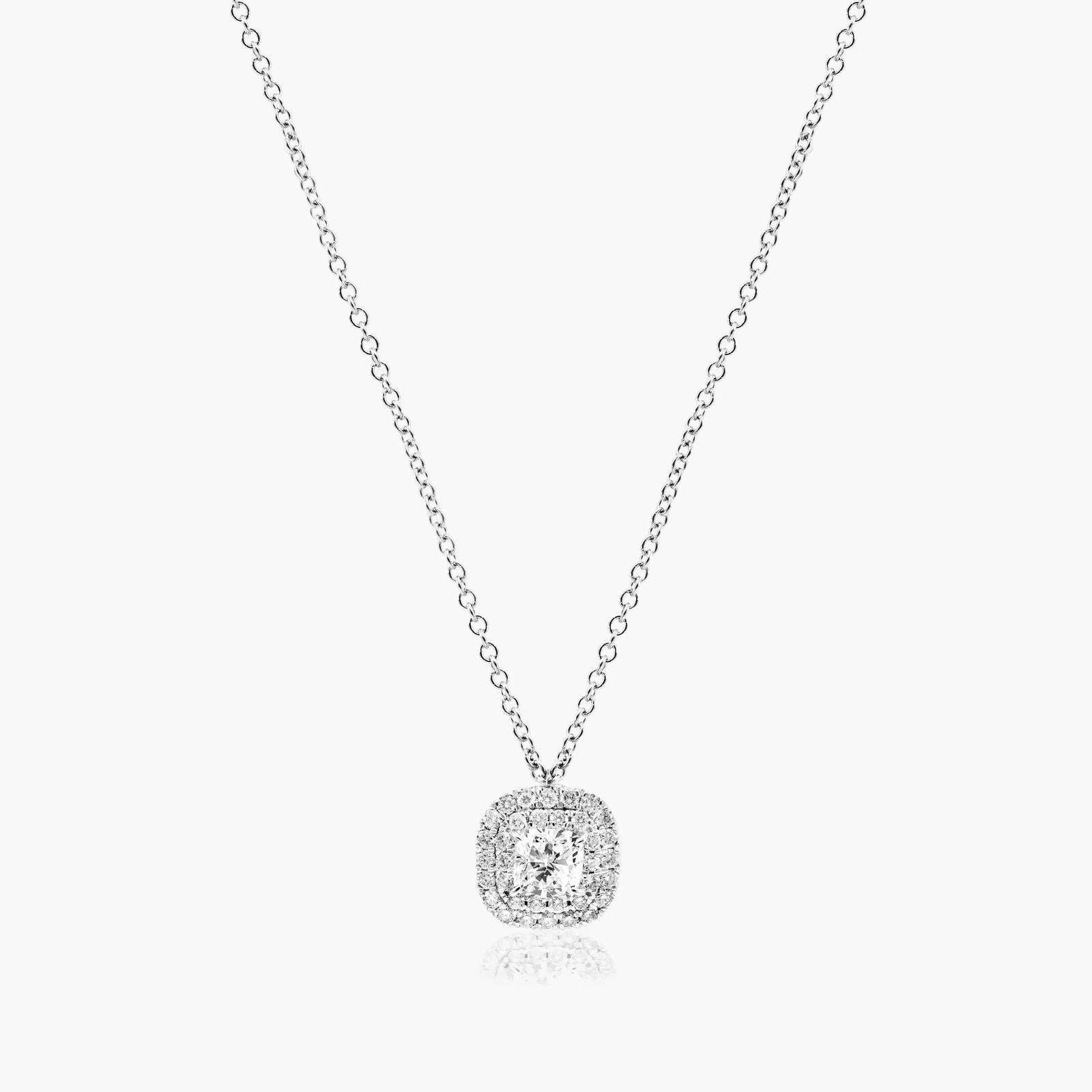 18K White Gold Double Halo Cushion Diamond Necklace