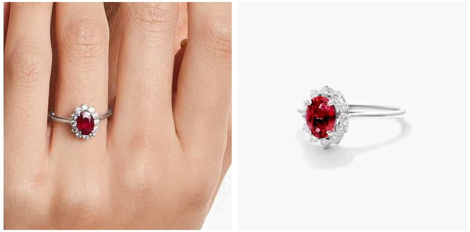 18K White Gold Oval Halo Ruby and Diamond Ring