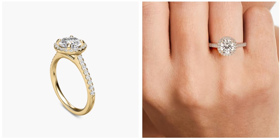 18K Yellow Gold Pavé Halo and Shank Diamond Engagement Ring