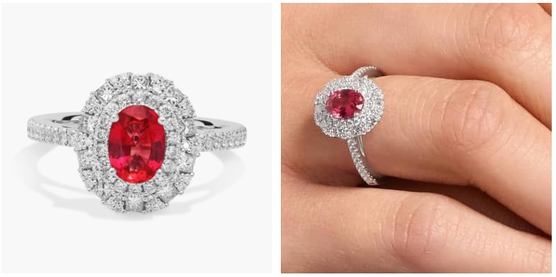 Oval Ruby Ring with Double Diamond Halo in 14k White Gold