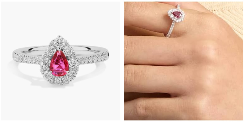 Pear-Shaped Ruby Ring with Diamond Halo in 14k White Gold