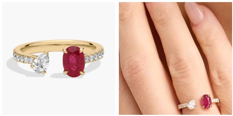 Ruby and Diamond Pavé Two Stone Ring in 18K Yellow Gold