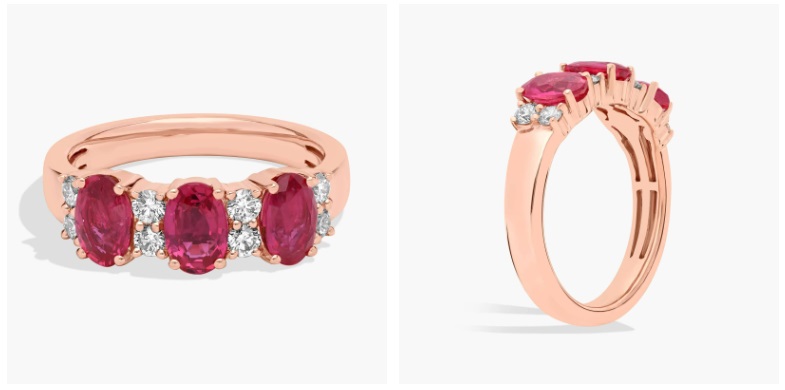 Ruby and Diamond Three-Stone Ring in 14k Rose Gold