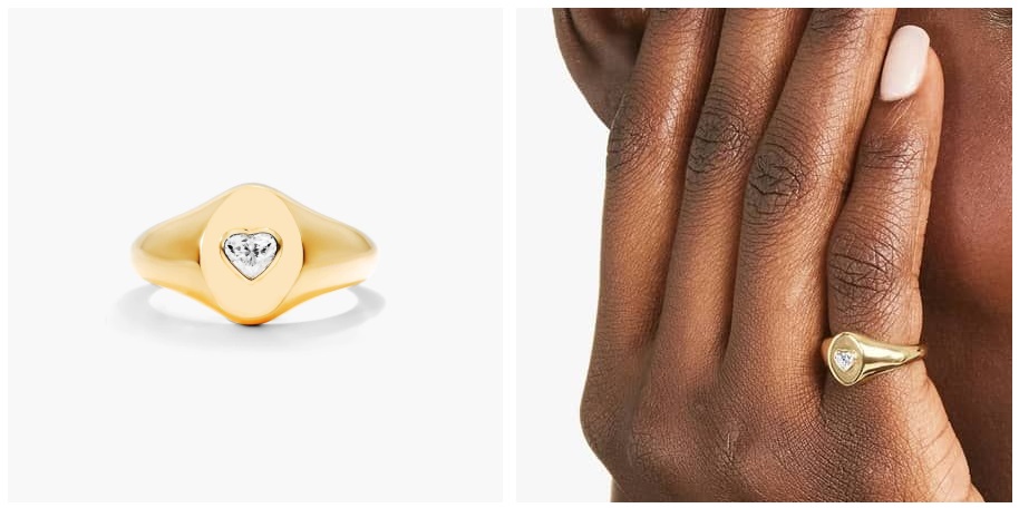 14K Yellow Gold Heart Shape Diamond Signet Ring
