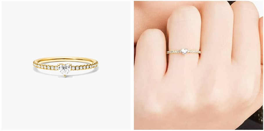 14K Yellow Gold Petite Heart Shape Diamond Pavé Ring