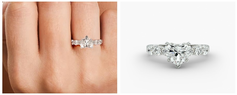 Heart Diamond Six Round Side Stone Diamond Common Prong Engagement Ring