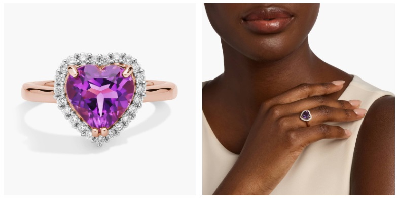 Heart Shaped Amethyst and Diamond Halo Ring in 14k Rose Gold