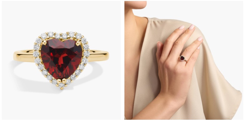 Heart Shaped Garnet and Diamond Halo Ring in 14k Yellow Gold